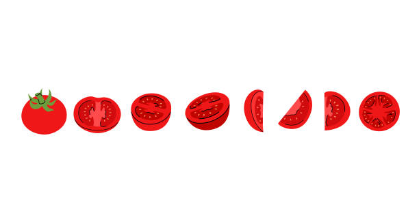 istock Graphic representation of red tomato, demonstrating full, cut, and thin slices different angles 2176352746