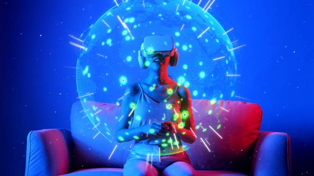 istock Sitting on sofa of woman using VR circle shape to signal on neon. Hallucination. 2176354584