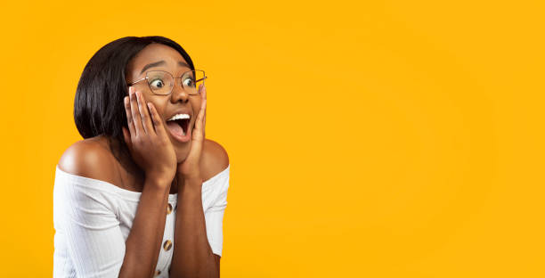 istock Surprised Woman Shouting With Hands On Cheeks Standing, Studio, Panorama 2176355666