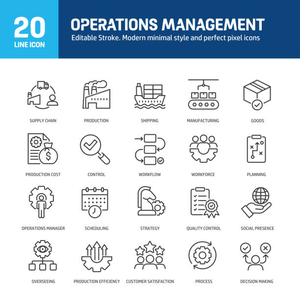 ikon baris manajemen operasi. stroke yang dapat diedit. berisi produksi, maufacturing, rantai pasokan, koleksi ikon garis sumber. ilustrasi vektor. untuk desain situs web, logo, aplikasi, template, ui, dll - operasi ilustrasi stok