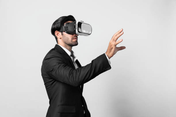 istock Professional business man holding something while wearing VR glass. Deviation. 2176364772