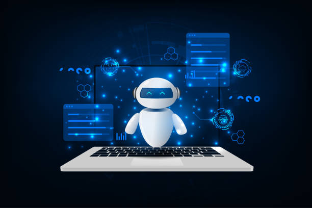 ilustraciones, imágenes clip art, dibujos animados e iconos de stock de chip de inteligencia artificial en una computadora portátil con robot. antecedentes abstractos de innovación en tecnología digital. - bot-de-internet