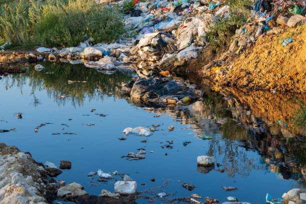 istock Litter and waste are scattered along the riverbank, with various refuse items floating in the water, reflecting the surrounding environment under clear blue skies 2176369740