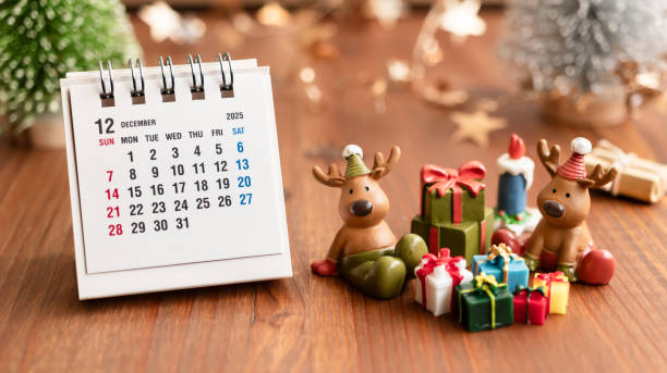 December 2025 calendar and Christmas decorations. December event calendar.