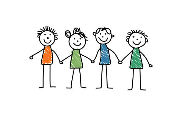 Hand-in-hand children illustration A simple and colorful illustration of four children holding hands. Perfect for projects on friendship, togetherness, childhood, and teamwork. kids art girls stock illustrations