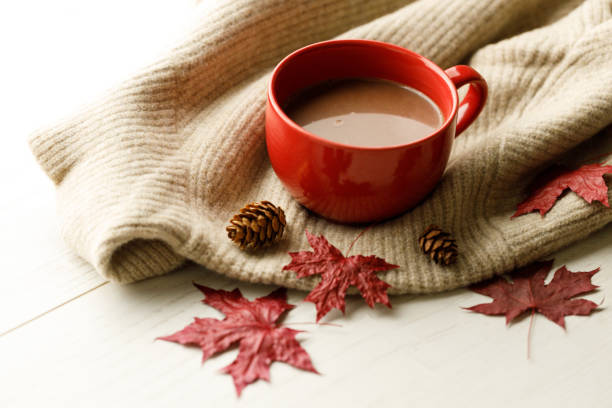 istock Hot chocolate drink in a red cup. Autumn Winter composition 2176375739