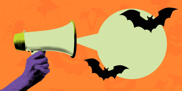Purple hand holding megaphone with empty speech bubble against orange background with flying bats. Creative collage.
