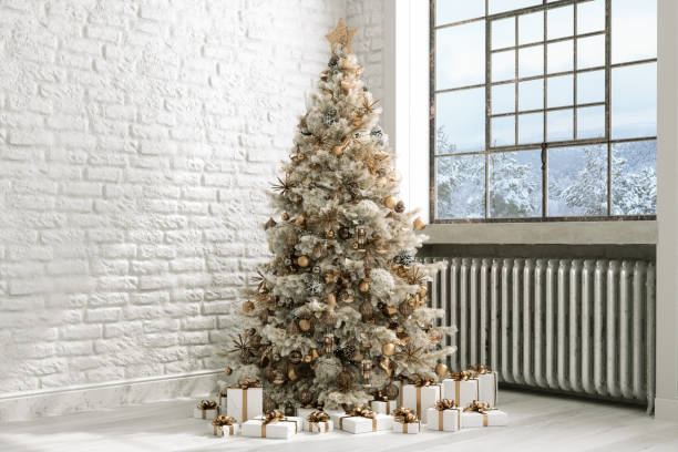 istock Empty Room With Christmas Tree, Ornaments, Gift Boxes, Radiator And Winter Scene Through The Window 2176383530