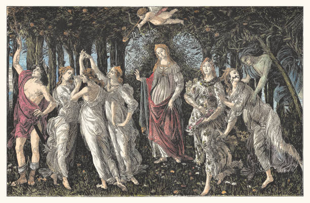 Primavera, painted by Sandro Botticelli, hand-colored wood engraving, published 1884 The Primavera (or the Allegory of Spring). Hand-colored wood engraving based on a painting (1482/87) by Sandro Botticelli (Italian painter, 1445 - 1510) in the Uffizi Gallery, Florence, Tuscany, Italy, published in 1884. greek mythology stock illustrations