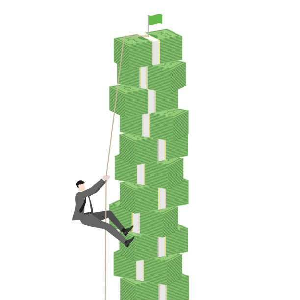 istock A businessman climbs up a banknotes with a rope to target goal on top. Ambition, financial success, and business growth. The effort in reaching career opportunity, and investment achievements 2176393215