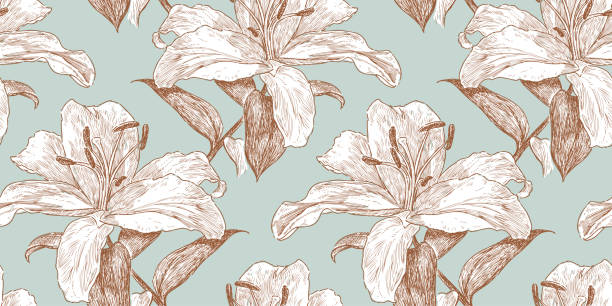 istock Lilies garden flowers sketches seamless pattern vector background textile wallpaper paper fabric 2176393838