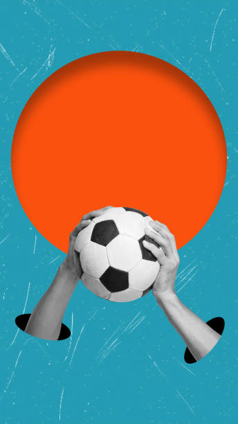 istock Modern art collage showing hands with the soccer ball on a blue background, copy space. 2176396781