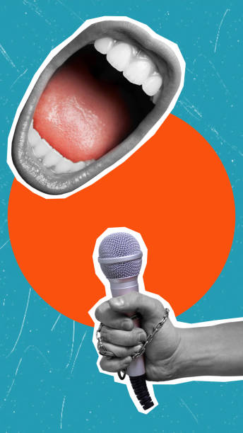 istock Modern art collage shows a screaming mouth into a microphone on a blue background. 2176396783