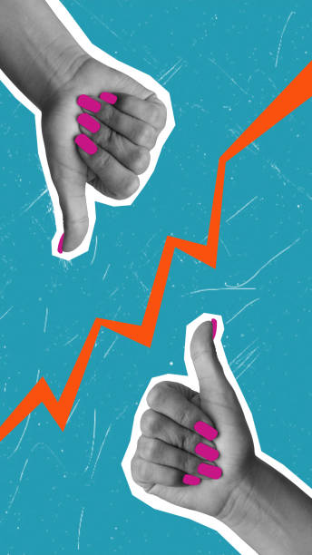 istock Modern art collage with the image of a hand pointing thumb up another thumb down. 2176396785