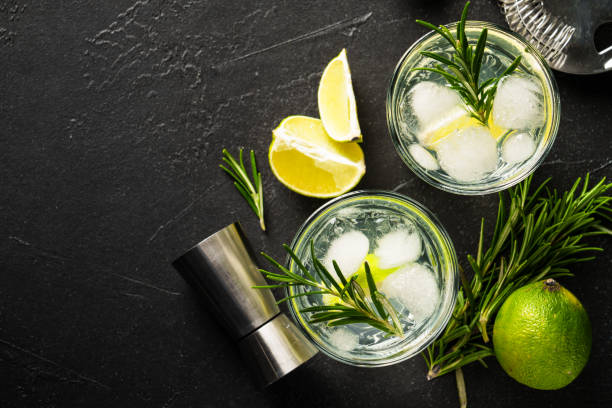 istock Gin tonic with gin, tonic, ice cubes, lime and rosemary. 2176397986