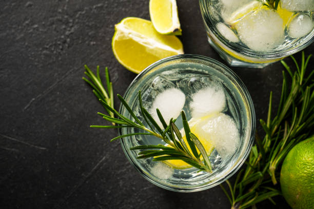istock Gin tonic with gin, tonic, ice cubes, lime and rosemary. 2176397995