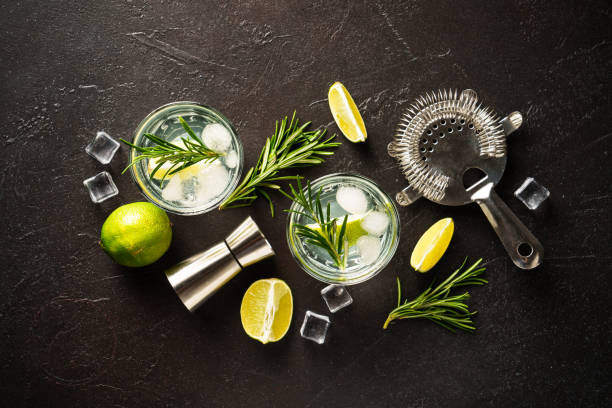 istock Gin tonic with gin, tonic, ice cubes, lime and rosemary. 2176398185