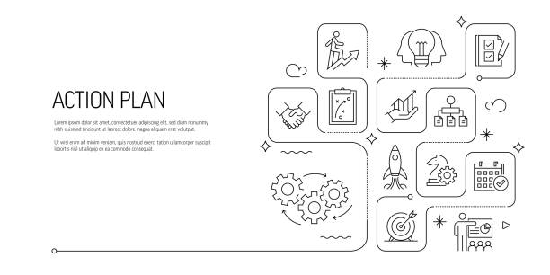 illustrations, cliparts, dessins animés et icônes de plan d’action line art banner design. affaires, planification, stratégie, développement, coopération. - planification