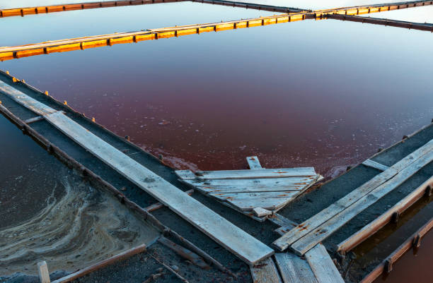 Artificial pond for demonstrating how the salt is extracted from the salty water,  by  ancient way. Pomorie town, Bulgaria, Eastern Europe.