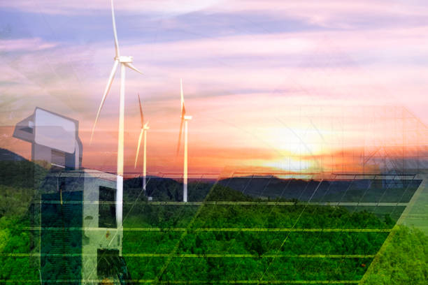 istock Eco-friendly, wind turbine, charging station, solar cell building modern, Green forest and sunlight. Natural Double Exposure. Environment Concept 2176400472