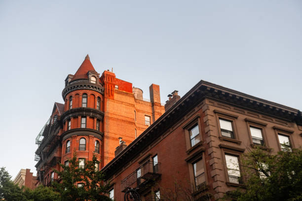 This is a photograph of buildings in Brooklyn Heights at dusk.