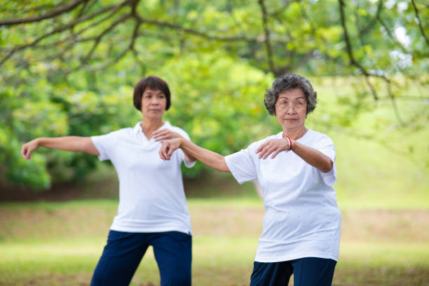 istock Two elderly women practicing Tai Chi movement in the garden 2176405010