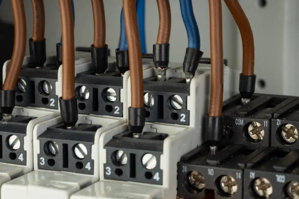 istock Close up of electrical terminal blocks with connected wires 2176408069