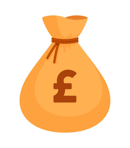 Beige money bag with a British pound sign and brown rope tie. Flat vector illustration isolated on a white background. Economy, finance, wealth, investment, savings, profit, income, sterling concept This flat vector illustration showcases a beige money bag with a bold British pound sign and a brown rope tie. It represents the concepts of finance, wealth, savings, and economic success. With a clean and simple design on a white background, it's ideal for use in financial projects, money management applications, and business branding. bag of coins stock illustrations