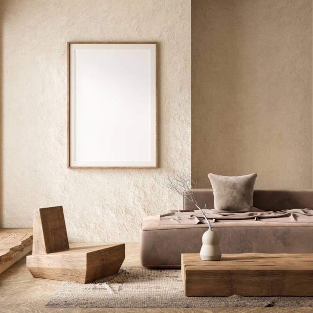 istock Mock up poster frame in boho style decorated livinig room. Modern, authentic Interior design of living room with wooden furnitures. 3D illustration 2176416968