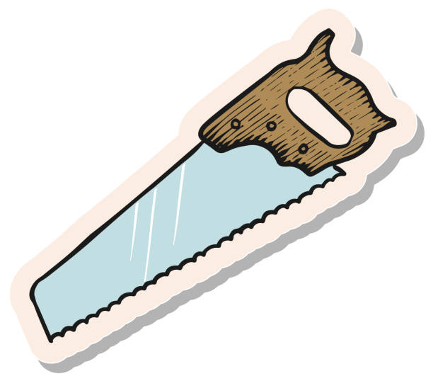 Hand drawn hand saw icon woodworking tool in sticker style vector illustration