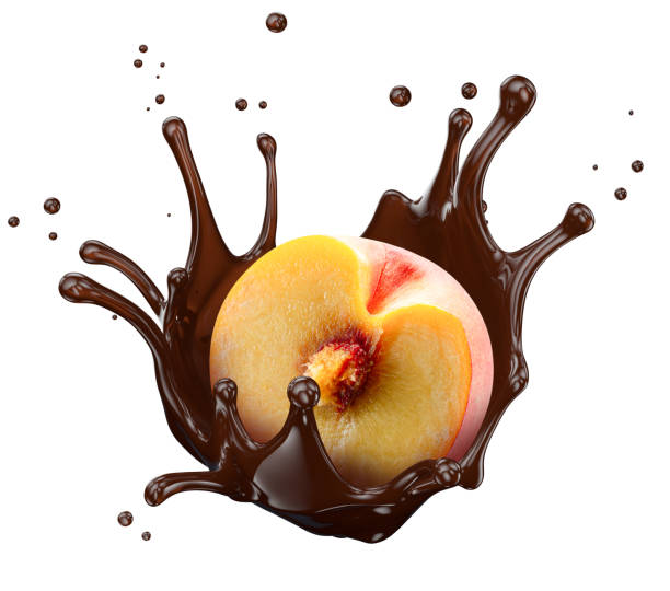 istock half of peach with chocolate splash isolated on a white background. Clipping path 2176425145