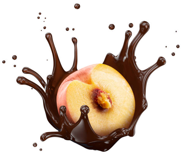 istock half of peach with chocolate splash isolated on a white background. Clipping path 2176425184