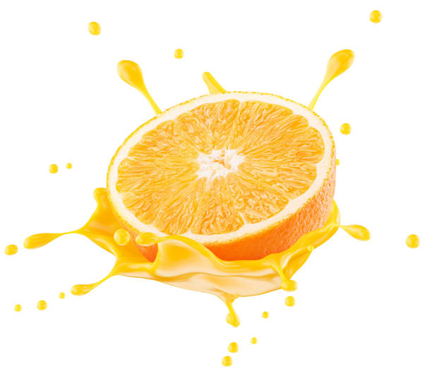 istock orange with juice splash isolated on a white background. Clipping path 2176428557