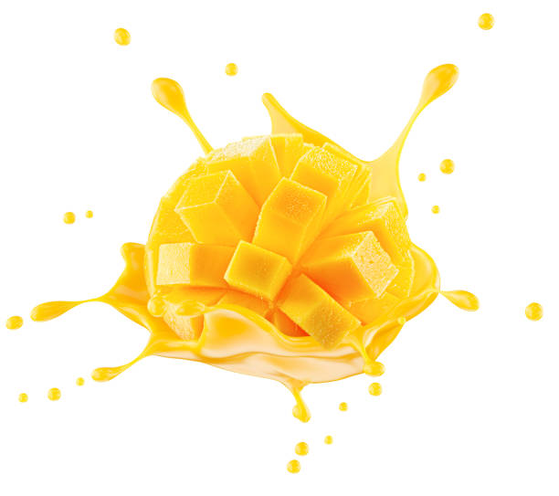 istock mango with juice splash isolated on a white background. Clipping path 2176428561