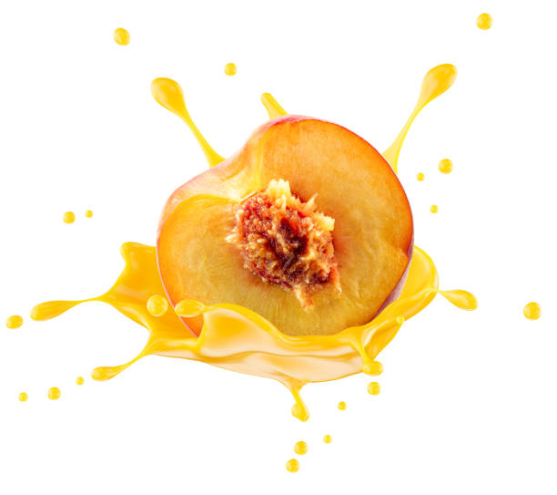 istock peach with juice splash isolated on a white background. Clipping path 2176428566