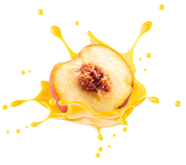 istock peach with juice splash isolated on a white background. Clipping path 2176428570