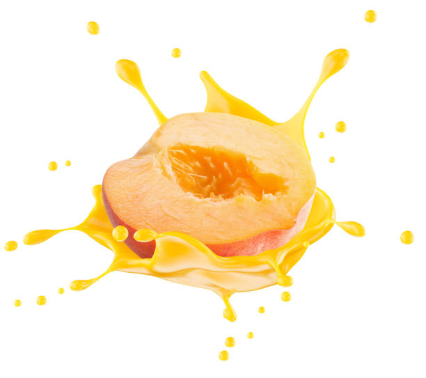 istock peach with juice splash isolated on a white background. Clipping path 2176428579