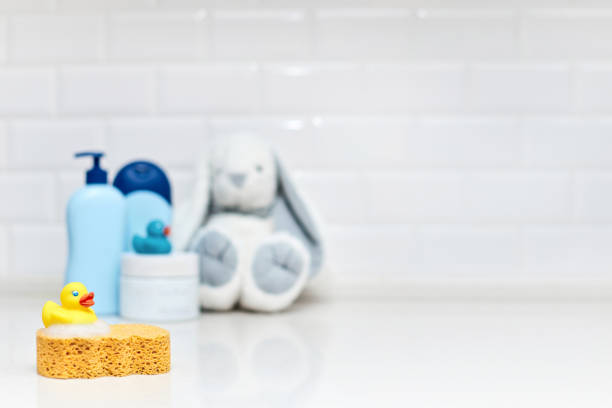 istock Yellow rubber duck, soap, bath foam, bath accessories 2176429352