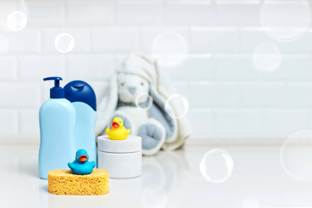 istock Yellow rubber duck, soap, bath foam, bath accessories 2176429413