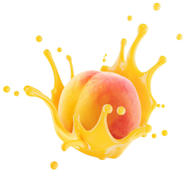 istock peach in juice splash isolated on a white background. Clipping path 2176431677