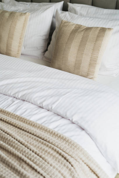 istock Cozy bed with two decorative cushions, memory foam pillows and soft blanket 2176436020