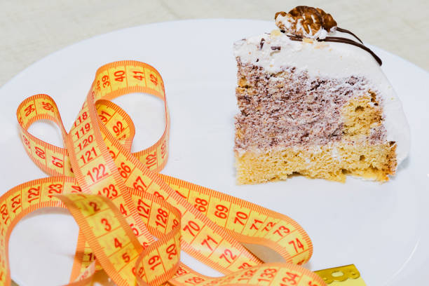 A clean white plate holding a delicious piece of cake, accompanied by a measuring tape to gauge the portion size carefully