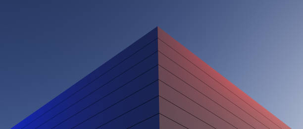 istock 3d render illustration A blue and red building with a blue stripe 2176437429