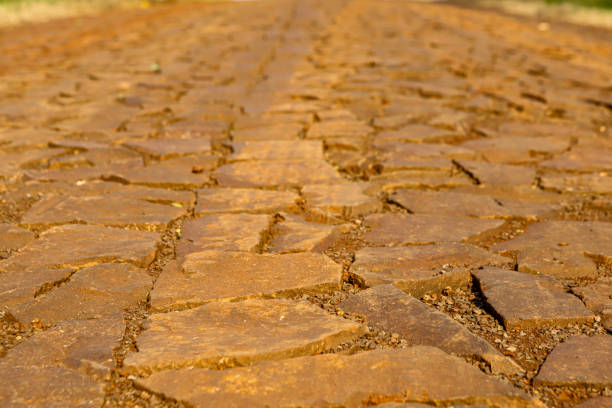 Road in a rural area made of irregular stones, with an orange hue at sunrise.