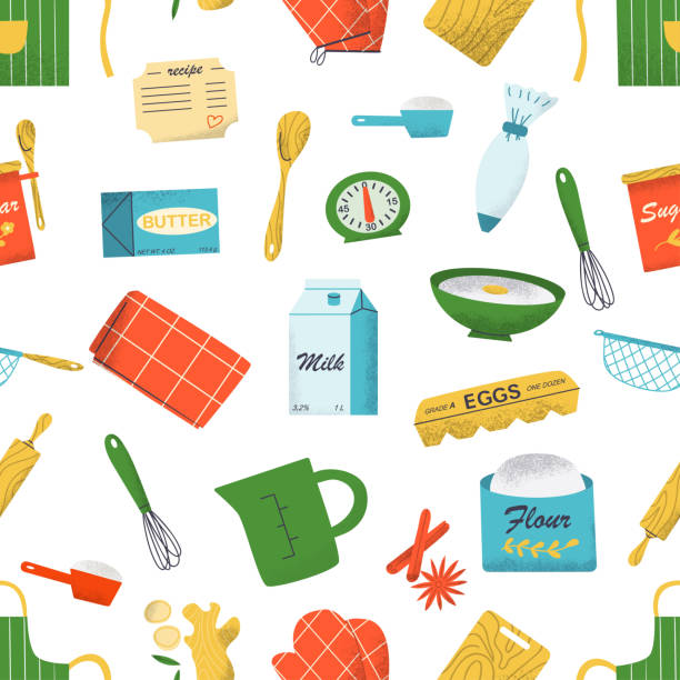 Cooking tools and baking ingredients seamless pattern of illustration flat style with texture