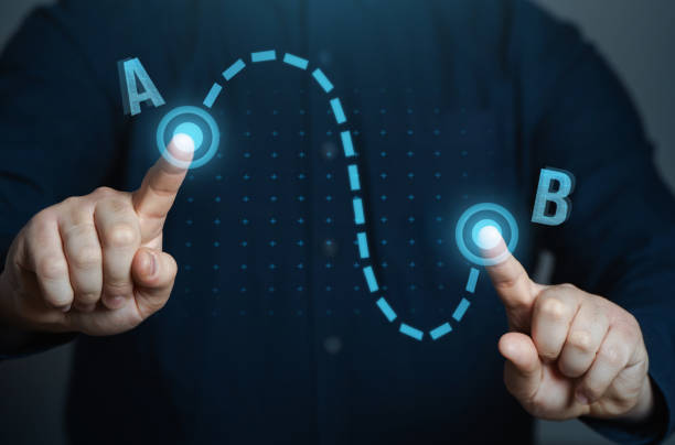 A businessman makes his way from point A to B. Strategy development. Action plan. Business management. Set tasks and goals. Cause and consequence.