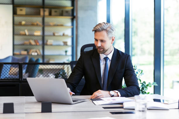 istock Mature businessman with beard working with documents, contracts and bills sitting at table using laptop at work in modern bright office with large windows 2176465935