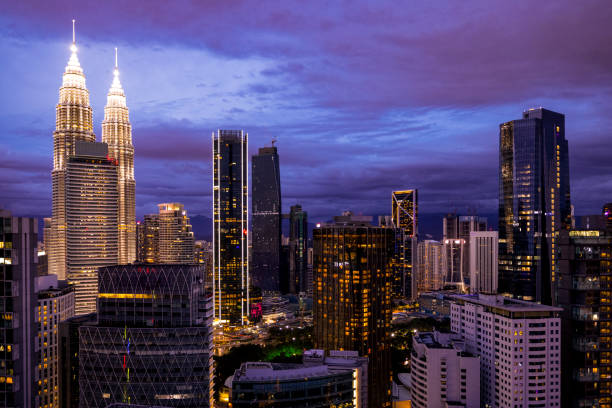 illuminated kuala lumpur city skyline in malaysia.