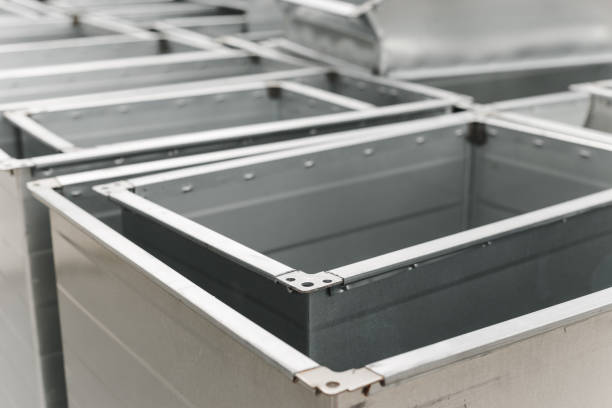 istock Ventilation rectangular ducts and pipeline parts on store outdoors. 2176479829
