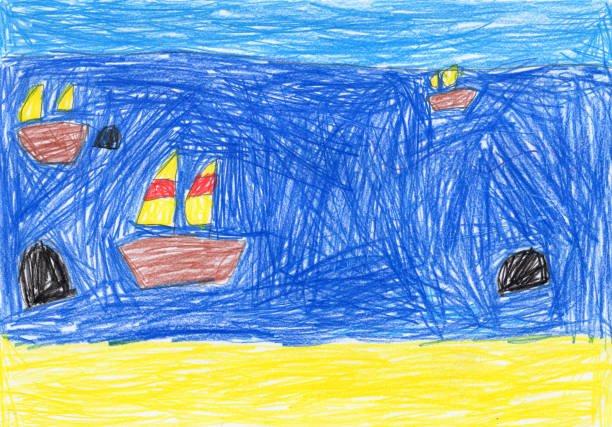 istock Hand drawn by colored pencils marina landscape with sandy beach, yacht and sailboat floating on the waves 2176484299